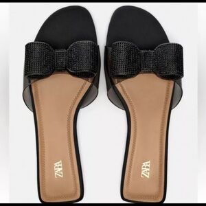 Zara Black Embellished Diamond Bow Sandals Flat Sandals Size 7.5